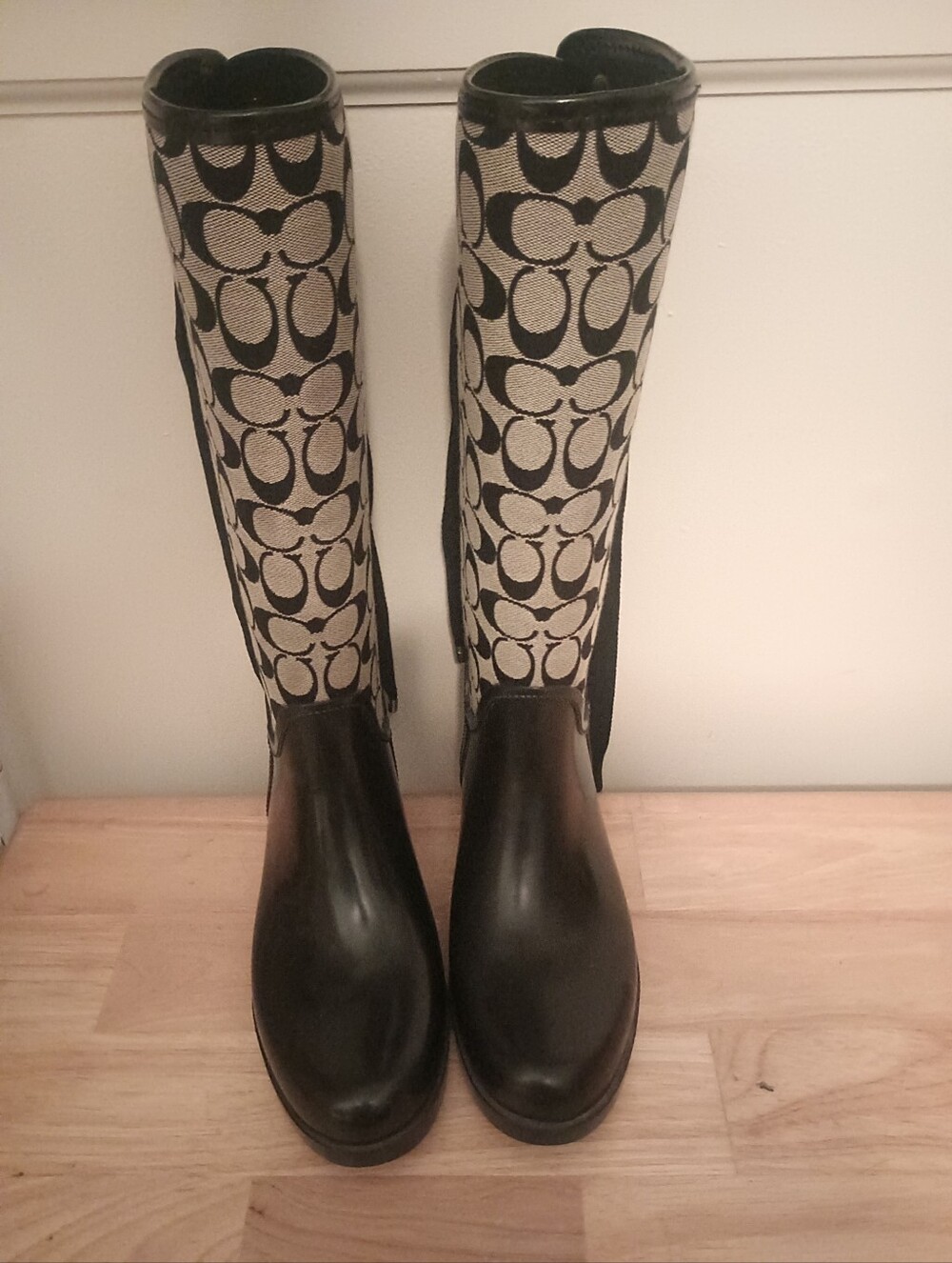 Coach Black Leather & Signature Monogram Rain Boots